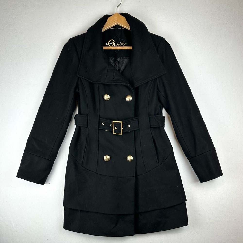 Guess Wool Blend Double Breasted Belted Jacket Pea Coat Skirted Bottom Black